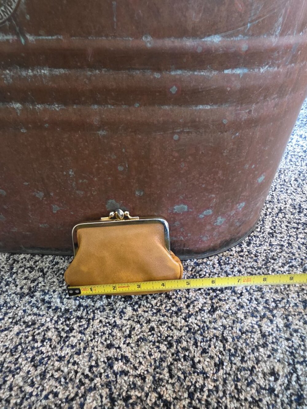 Vintage Tan Leather Double Kiss Lock Coin Purse Pouch Small Frame - Picture 8 of 9